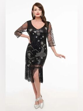 NEW Unique Vintage Celestial 1920s Margaux Flapper Dress Black Beaded Sequin L